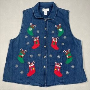 VTG Westbound Womens Denim Christmas Vest Blue Holiday Embroidered Large Festive